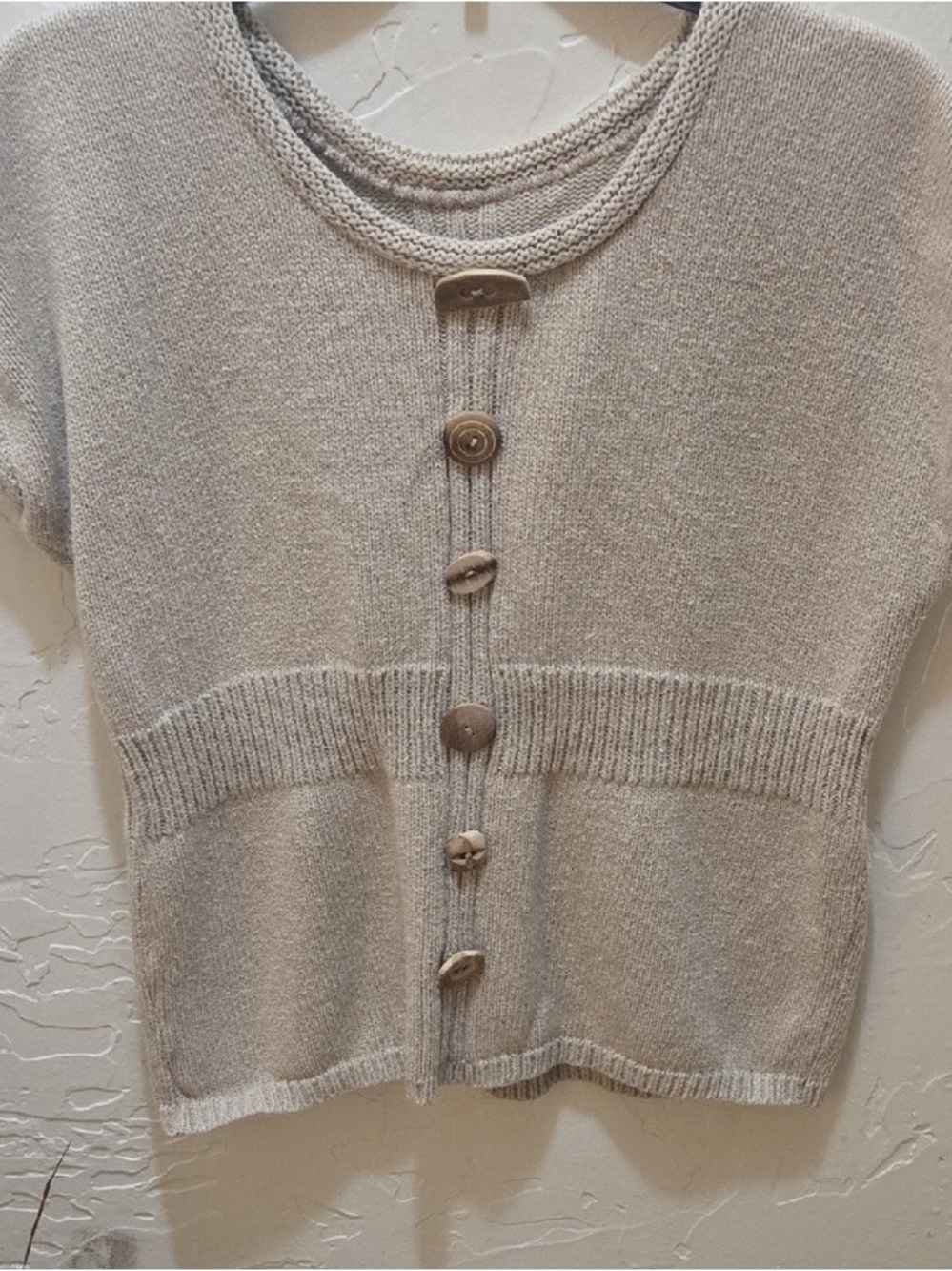 Short-Sleeve Button-Front Knit Top in Neutral Beige